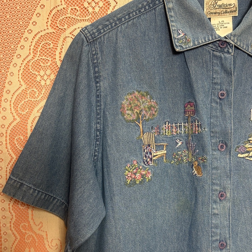 Traditions Denim Embroidered Garden Thed Button-Down Shirt